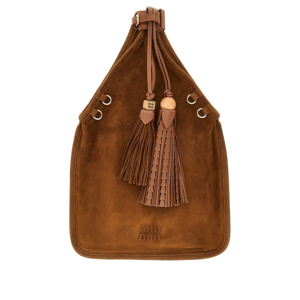 Borsa in pelle scamosciata con nappine