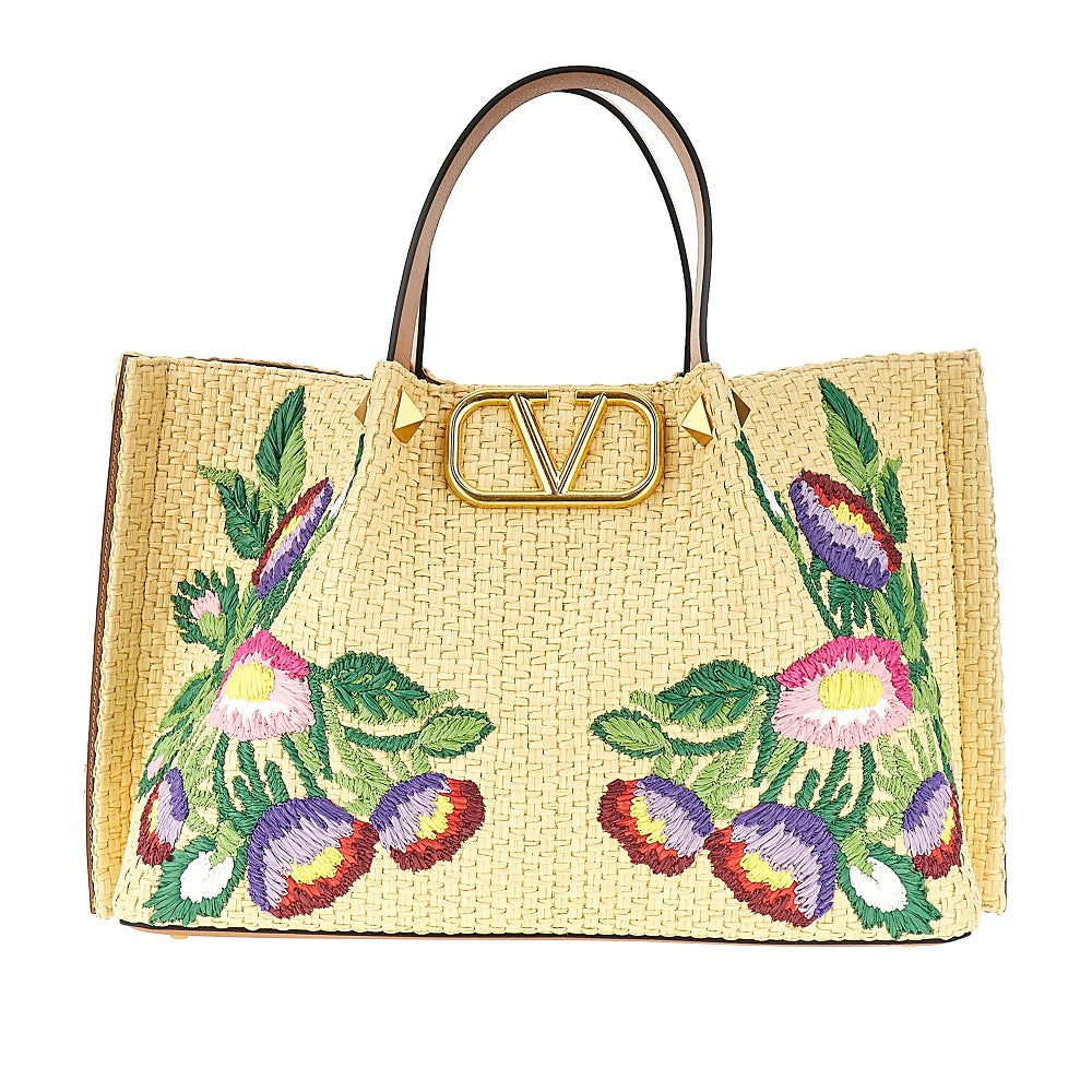 Embroidered raffia medium shopping bag