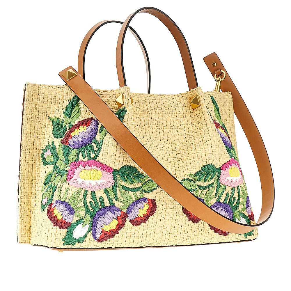 Embroidered raffia medium shopping bag
