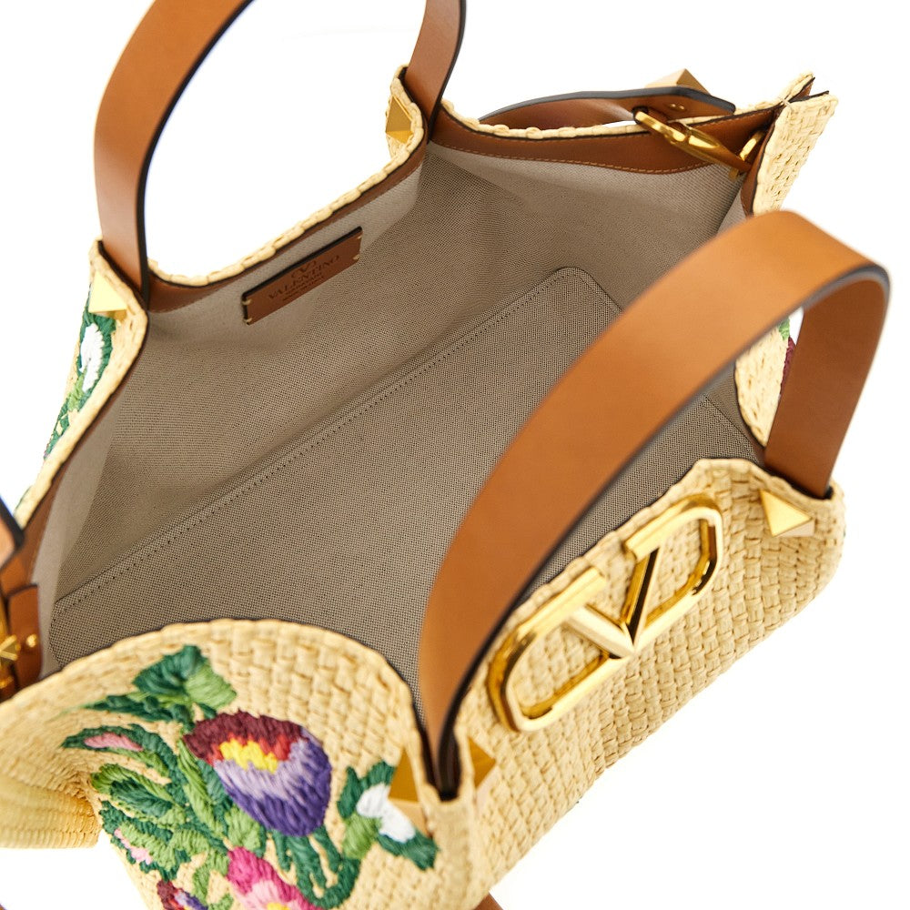 Embroidered raffia medium shopping bag
