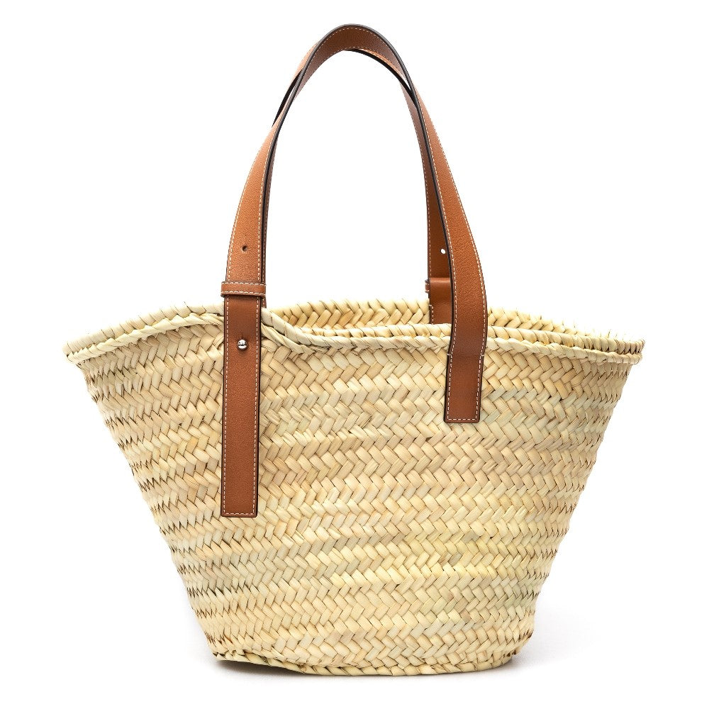 Basket bag media in foglie di palma e pelle