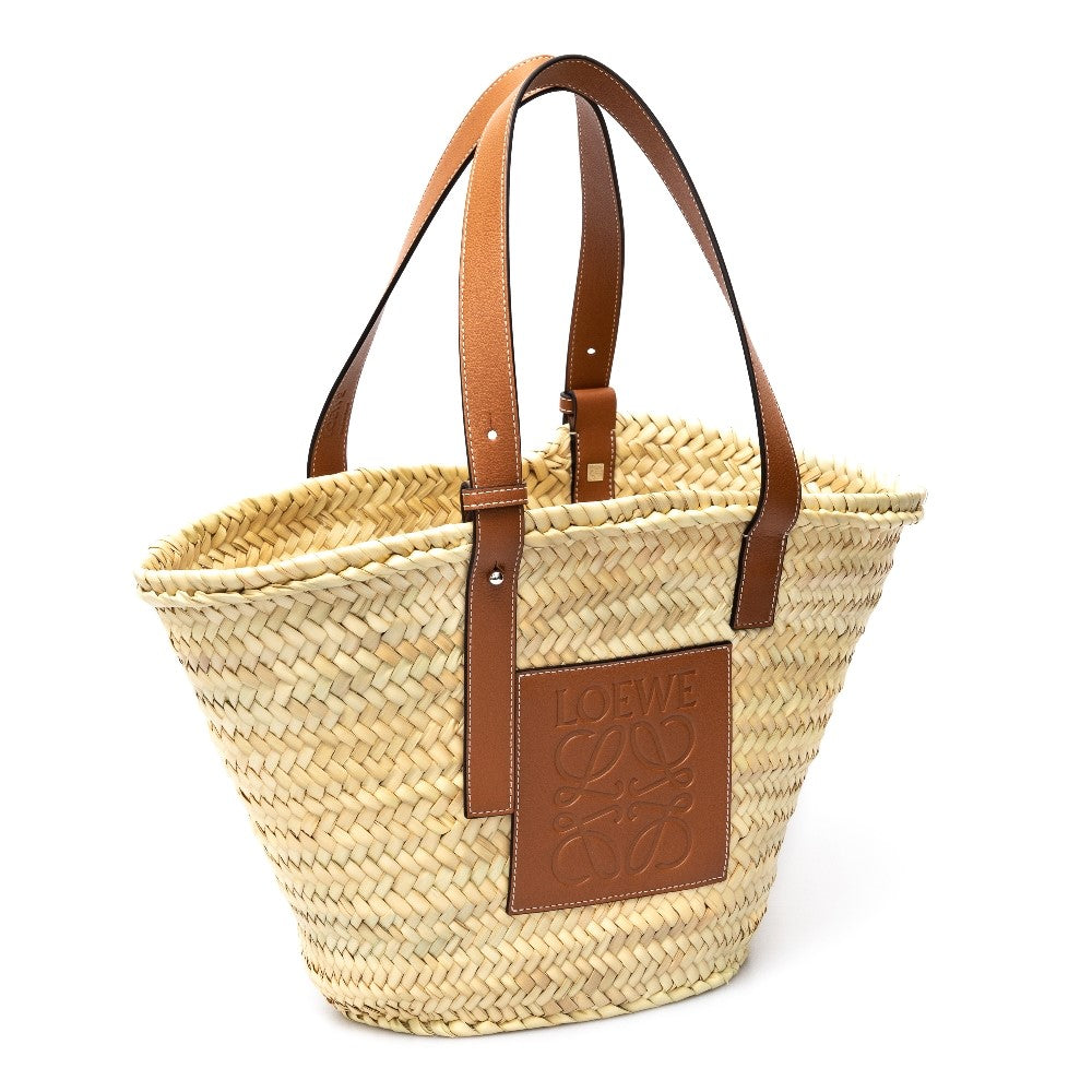 Basket bag media in foglie di palma e pelle