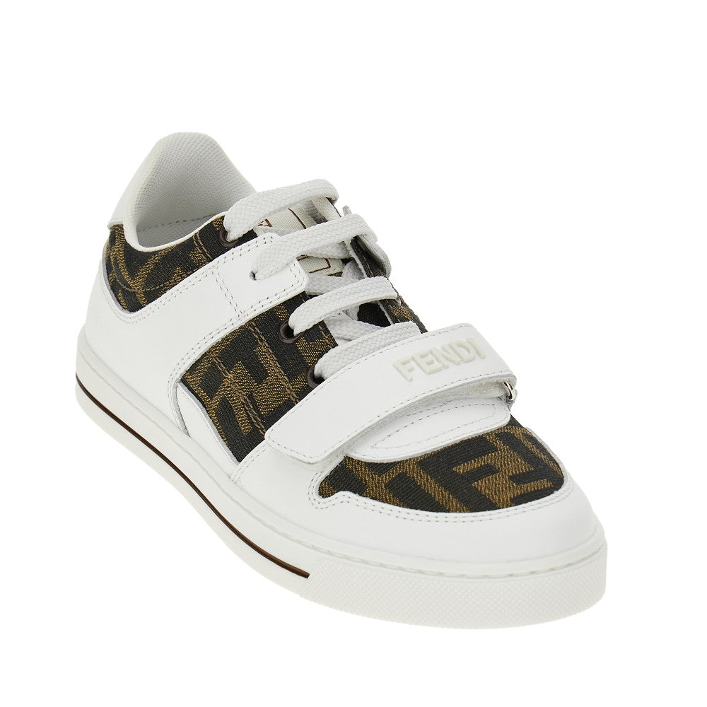 Leather and FF jacquard fabric sneakers