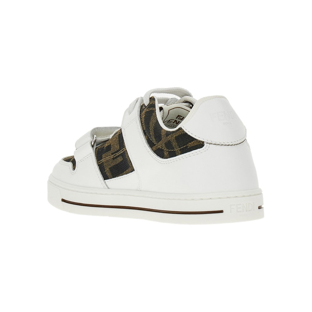 Leather and FF jacquard fabric sneakers