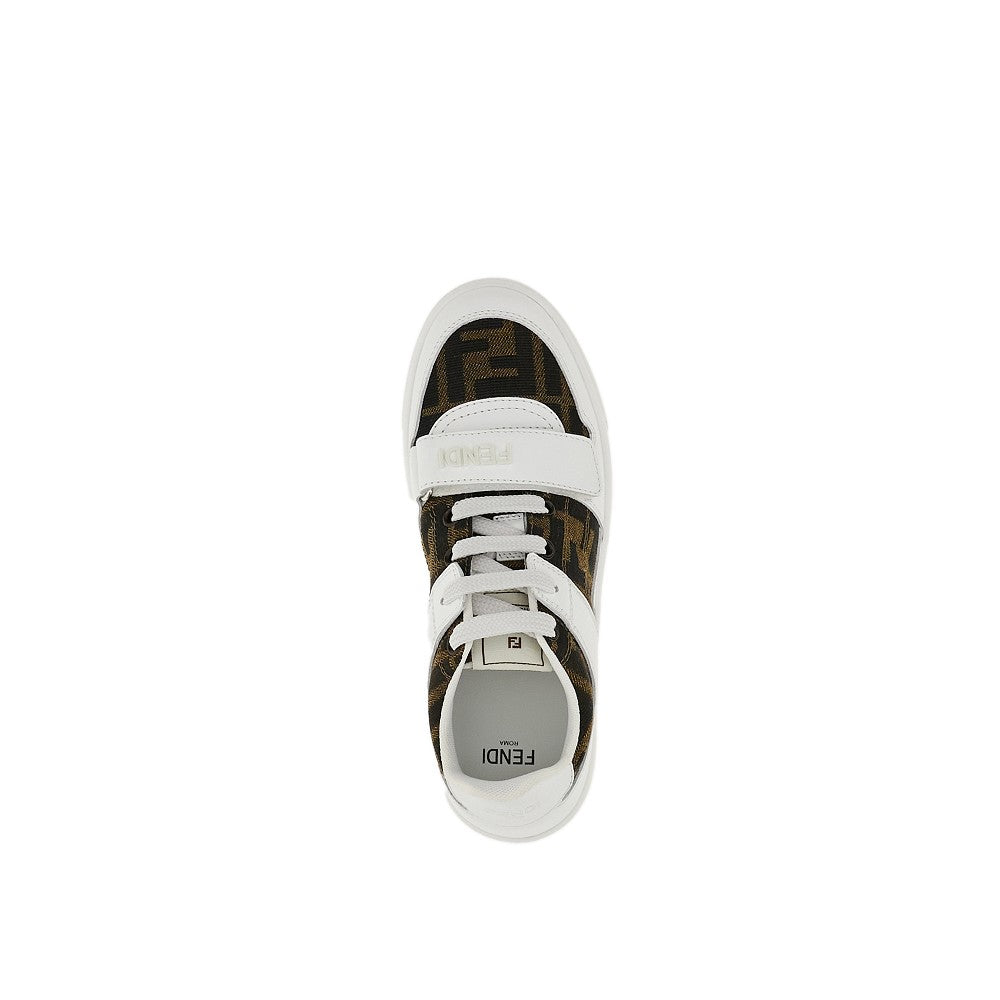 Leather and FF jacquard fabric sneakers