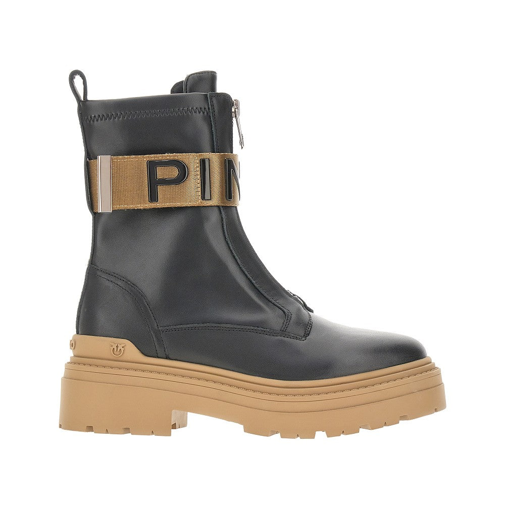 Leather combat boots with branded ribbon