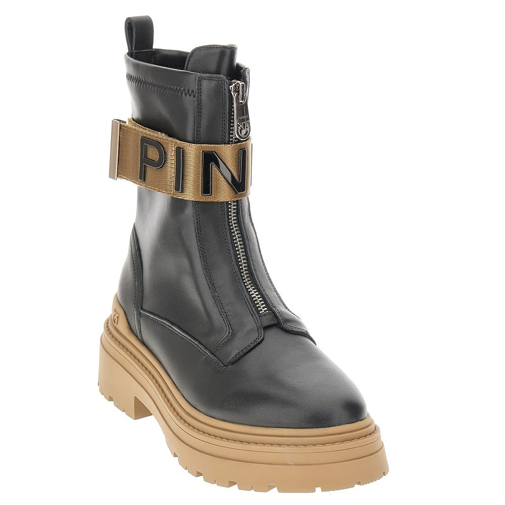 Leather combat boots with branded ribbon