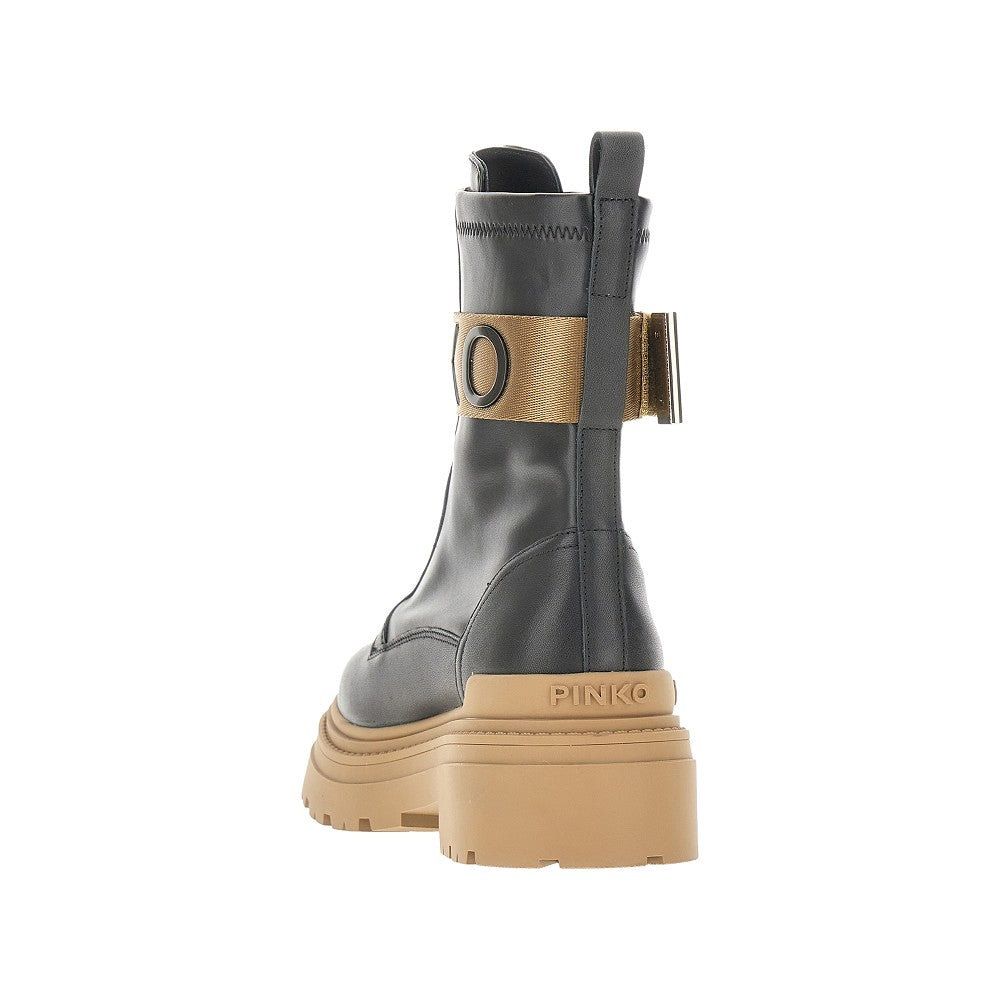 Leather combat boots with branded ribbon