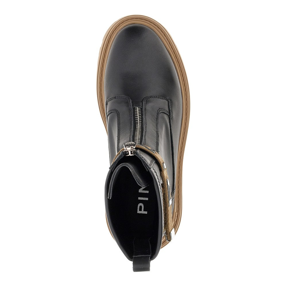 Leather combat boots with branded ribbon