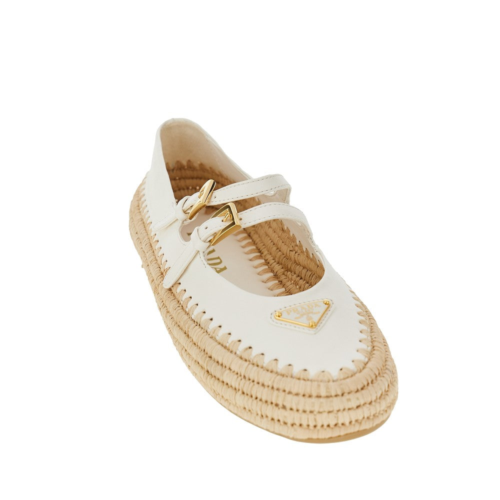 Nappa leather and raffia ballet flats