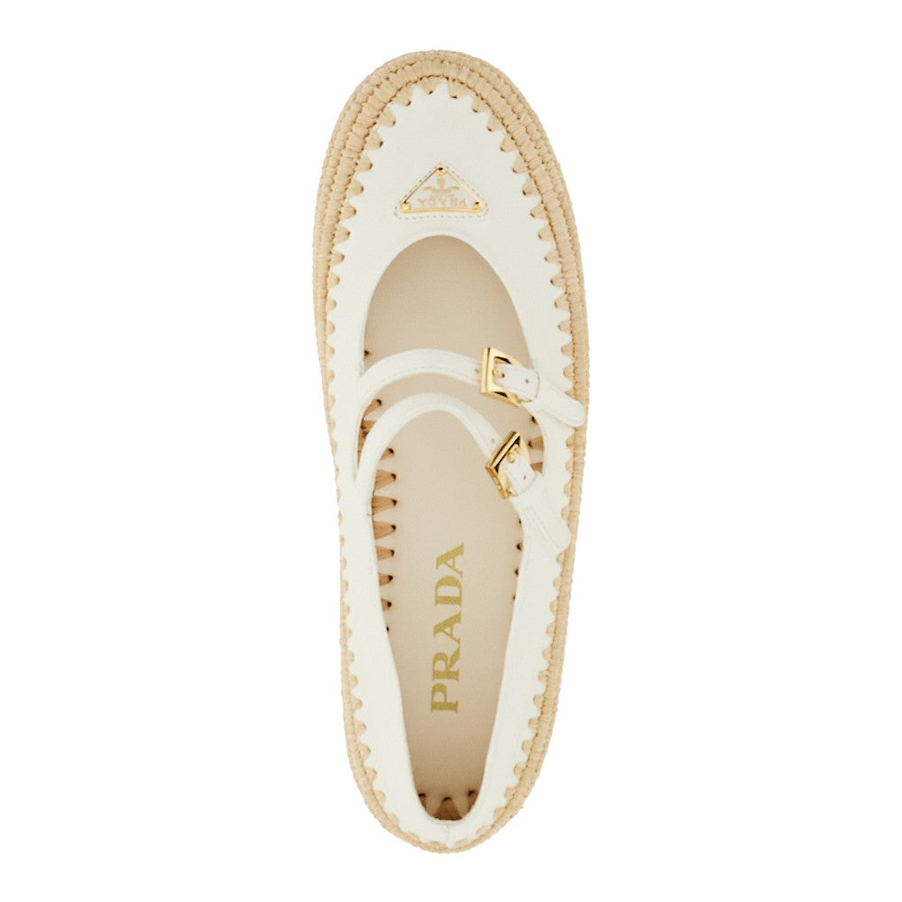 Nappa leather and raffia ballet flats