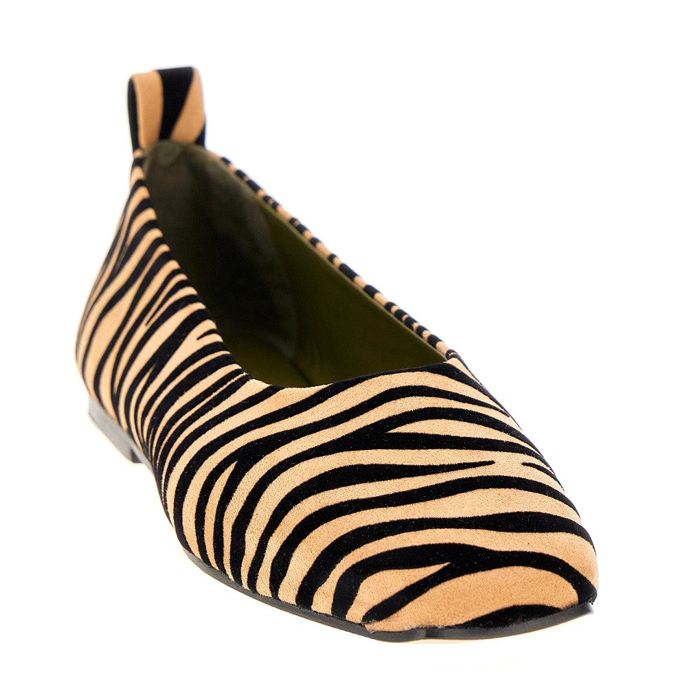 'Augusta' zebra-striped suedette ballerinas