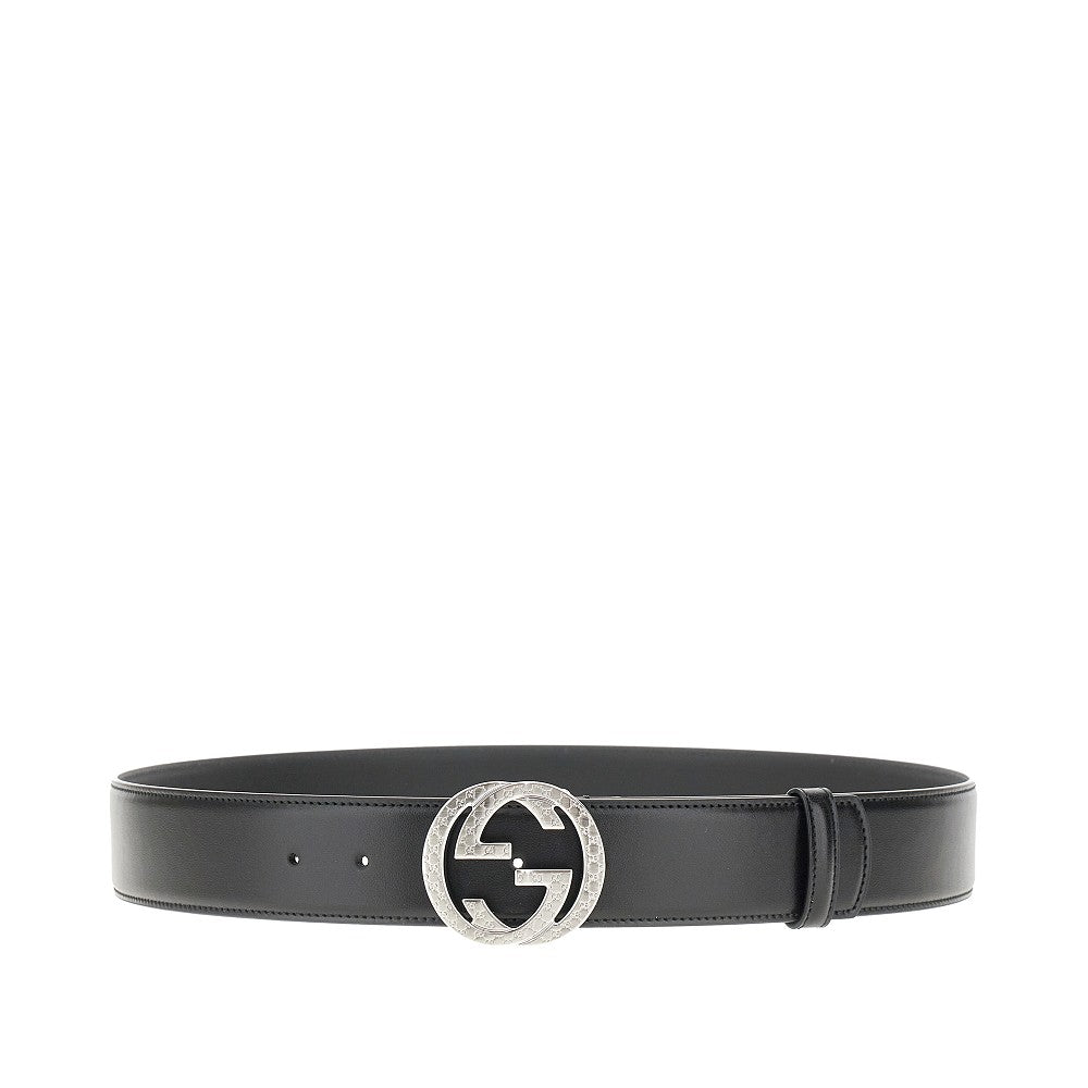 Leather belt with engraved buckle