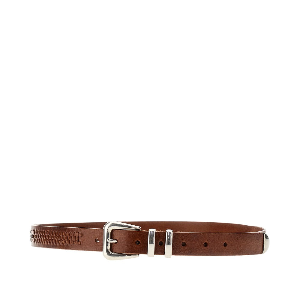 Leather belt with woven motif