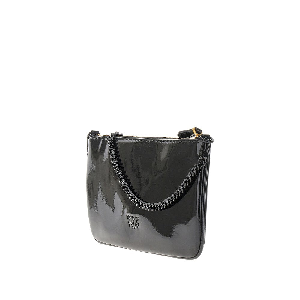 Patent faux leather flat pouch with chain