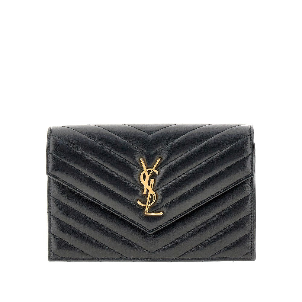 Chevron-quilted leather pouch with chain