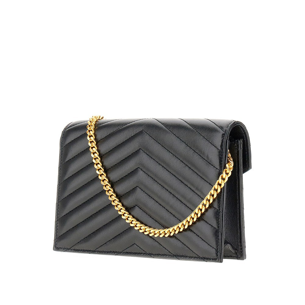Chevron-quilted leather pouch with chain