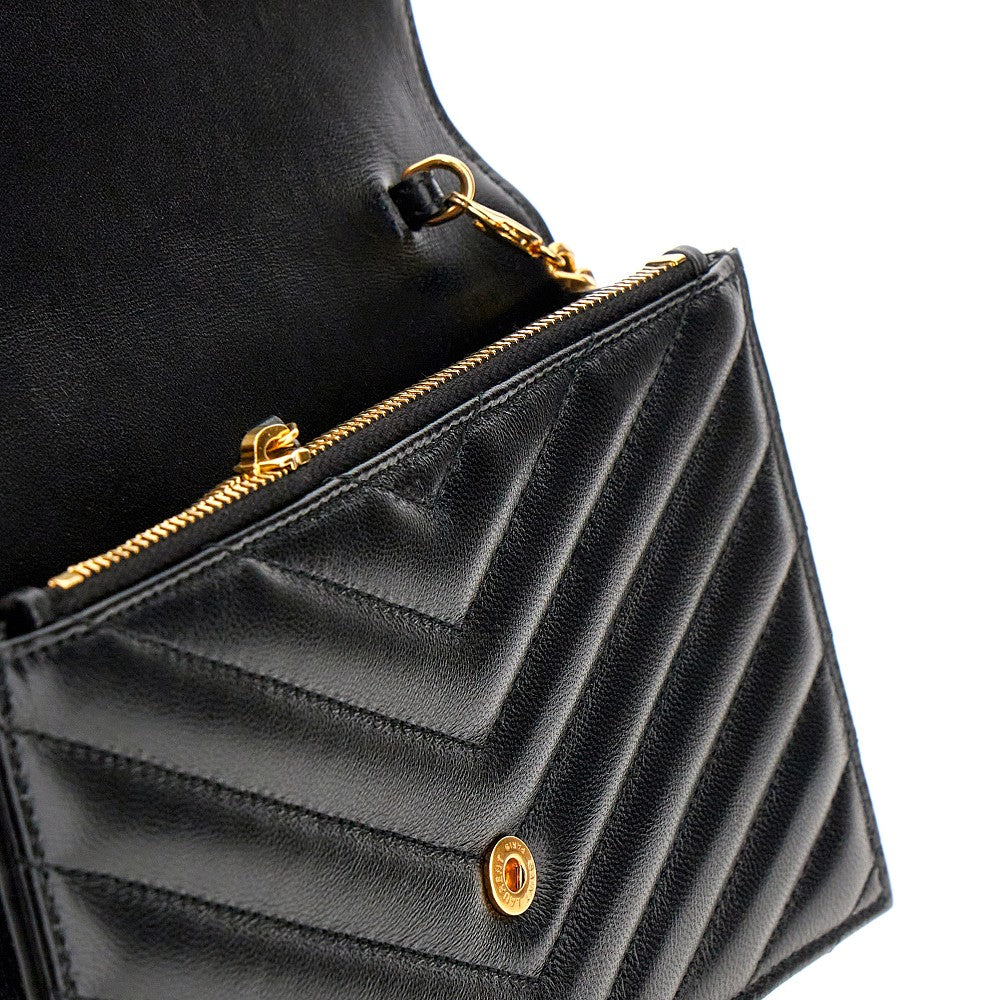 Chevron-quilted leather pouch with chain