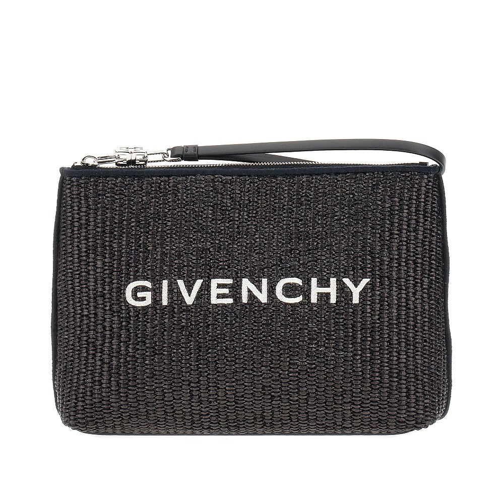 Raffia pouch with embroidered logo