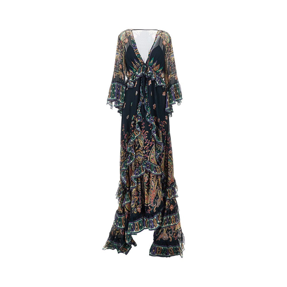 Abito lungo in seta stampa Paisley foliage