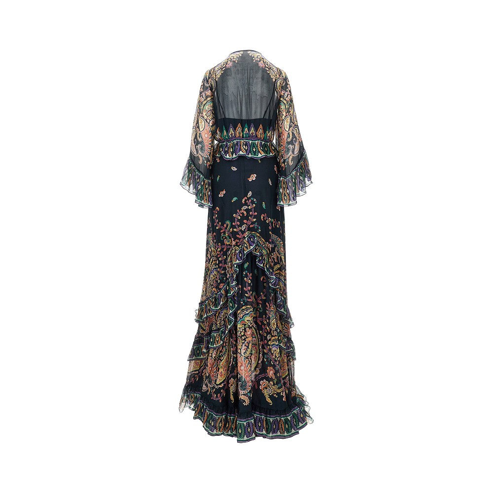 Abito lungo in seta stampa Paisley foliage