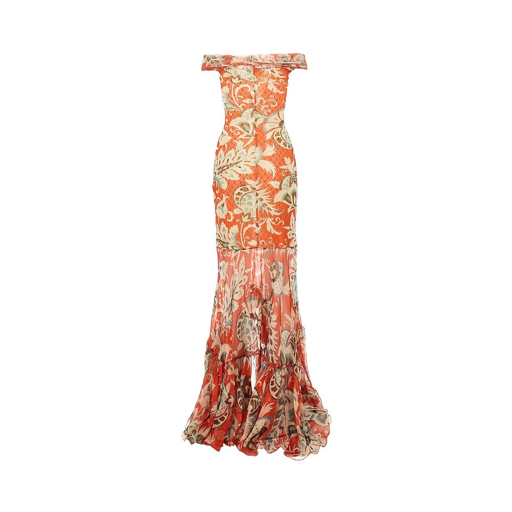 Abito lungo in tulle con balza in seta