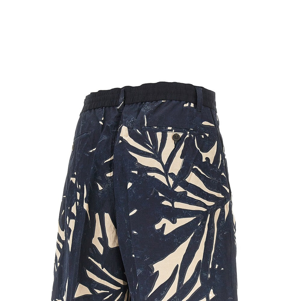 Foliage motif linen-blend shorts