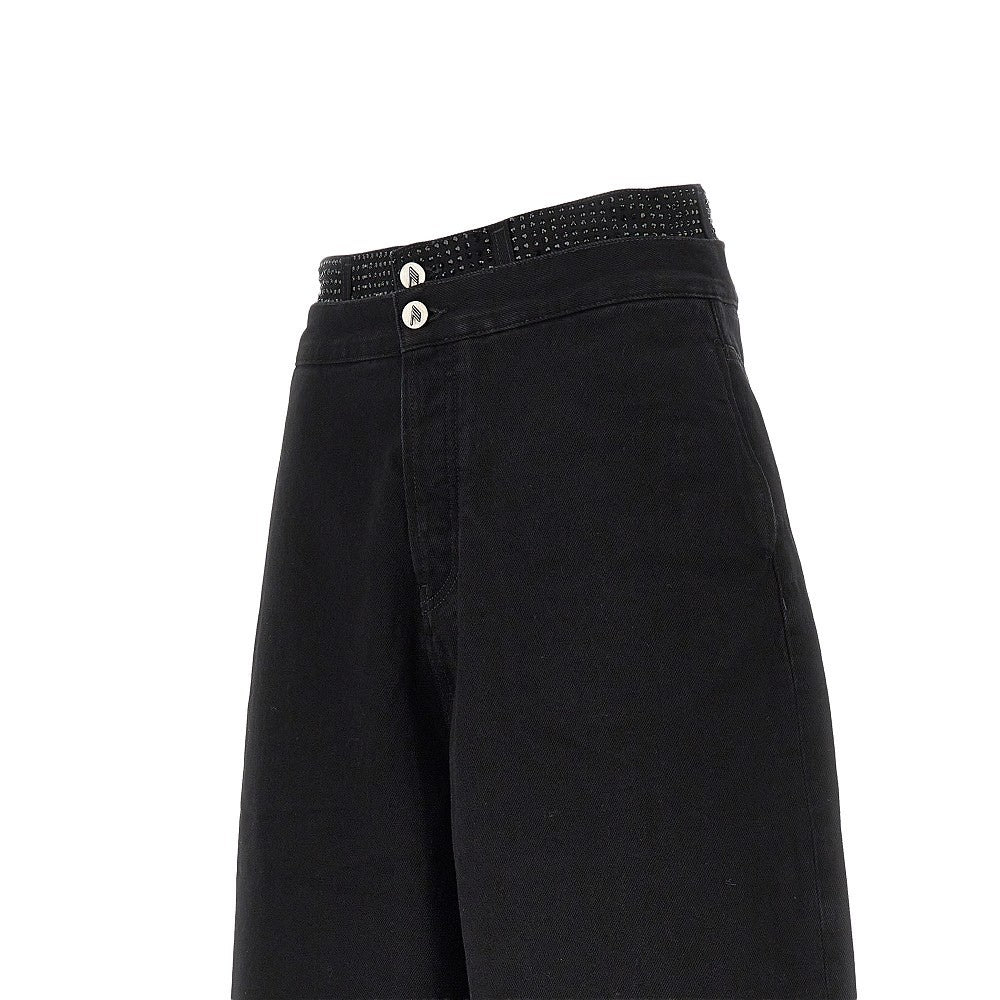 Pamtalone cropped in denim con strass