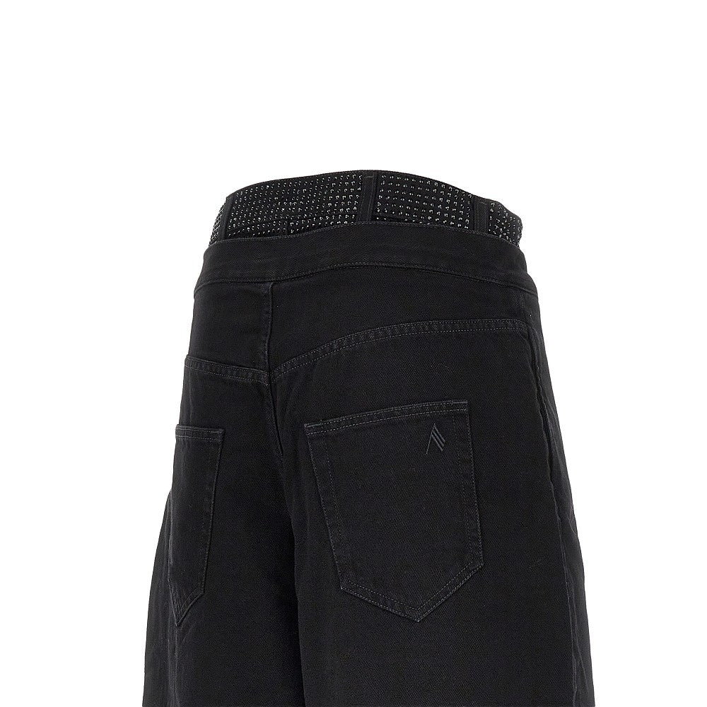 Pamtalone cropped in denim con strass