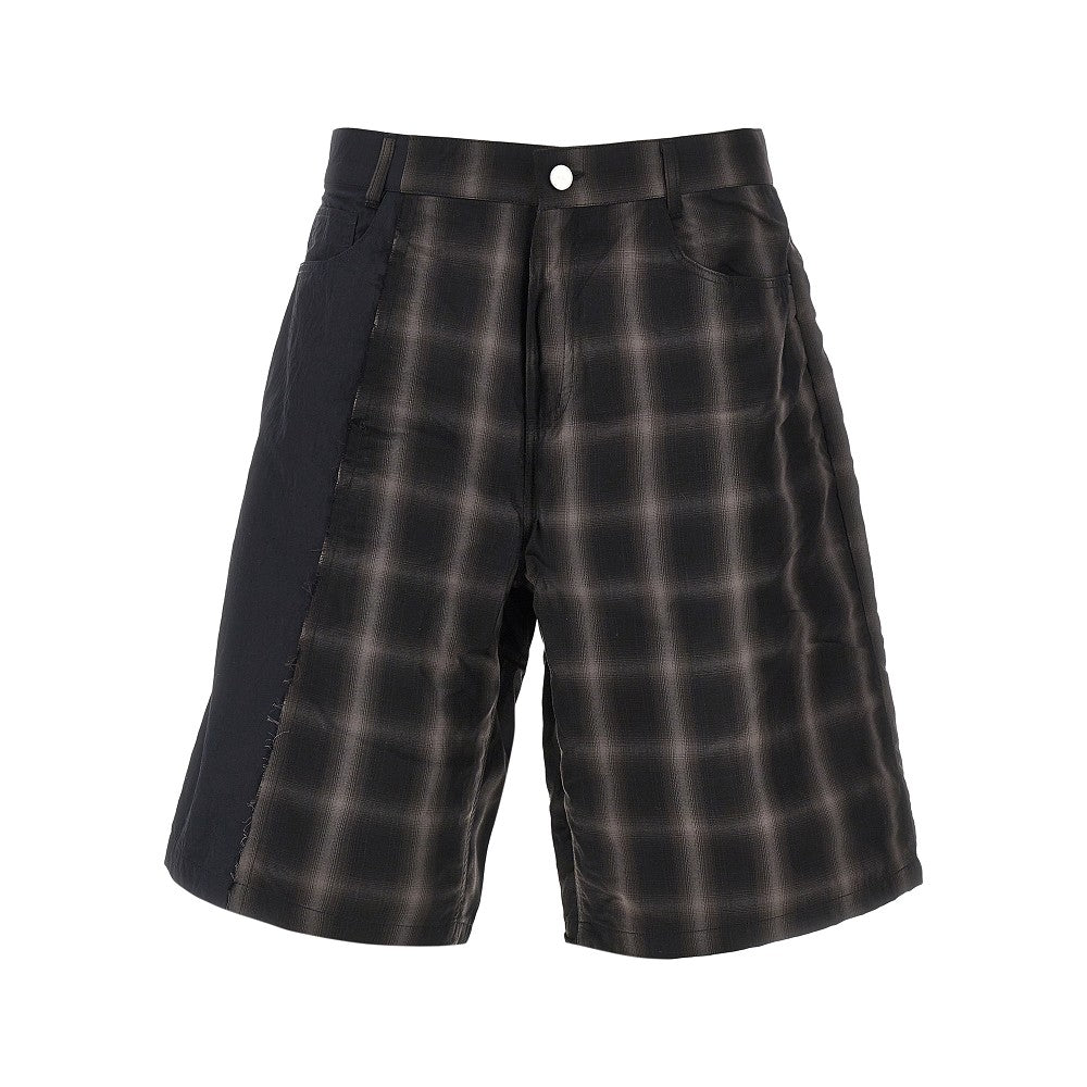 Plaid fabric and nylon patchwork shorts