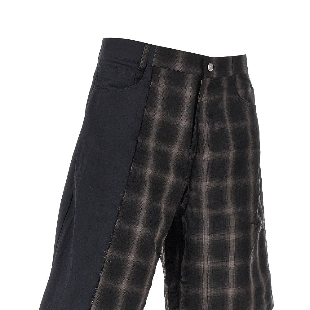 Plaid fabric and nylon patchwork shorts