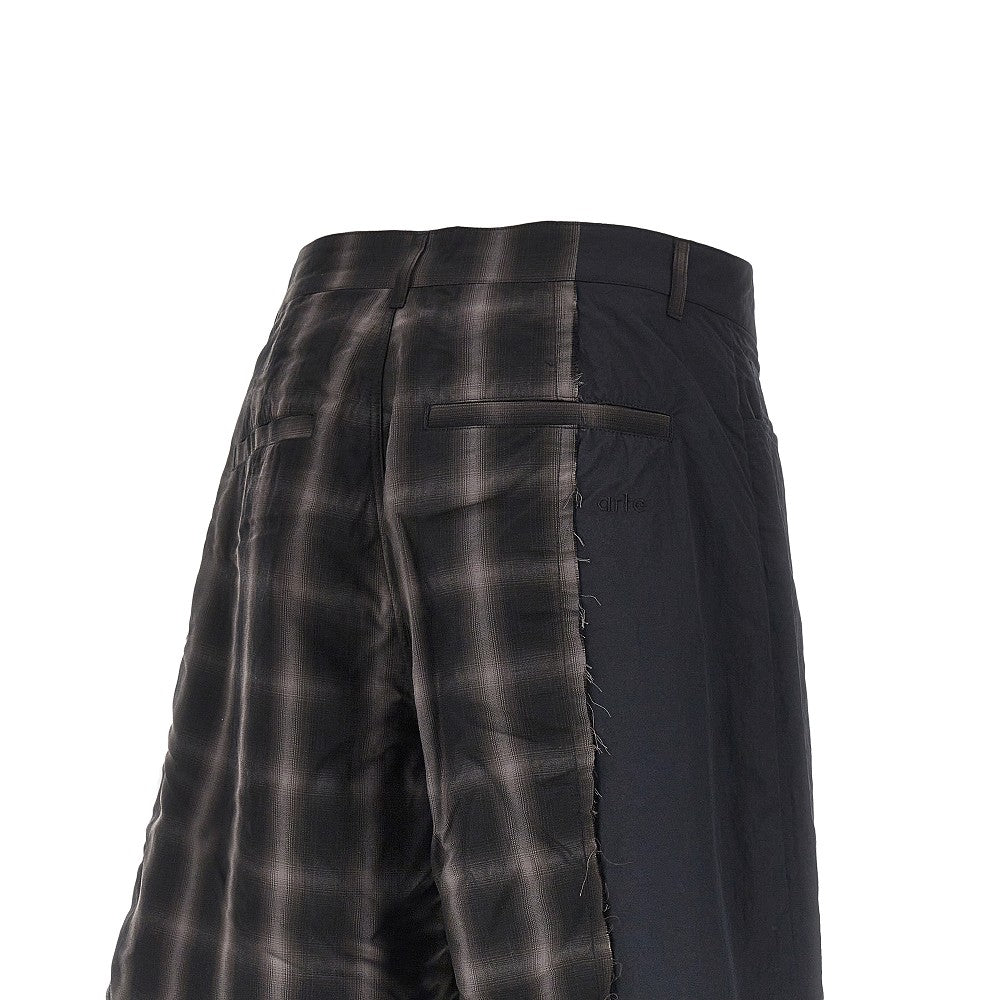 Plaid fabric and nylon patchwork shorts