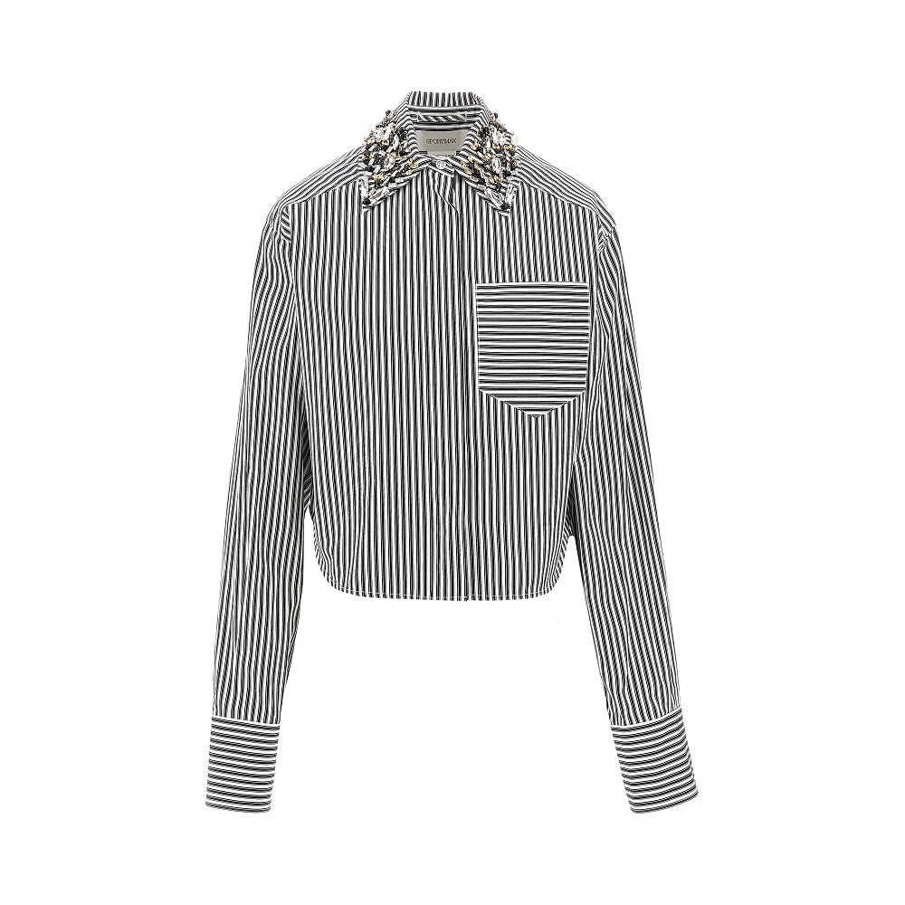 Camicia cropped a righe con colletto ricamato
