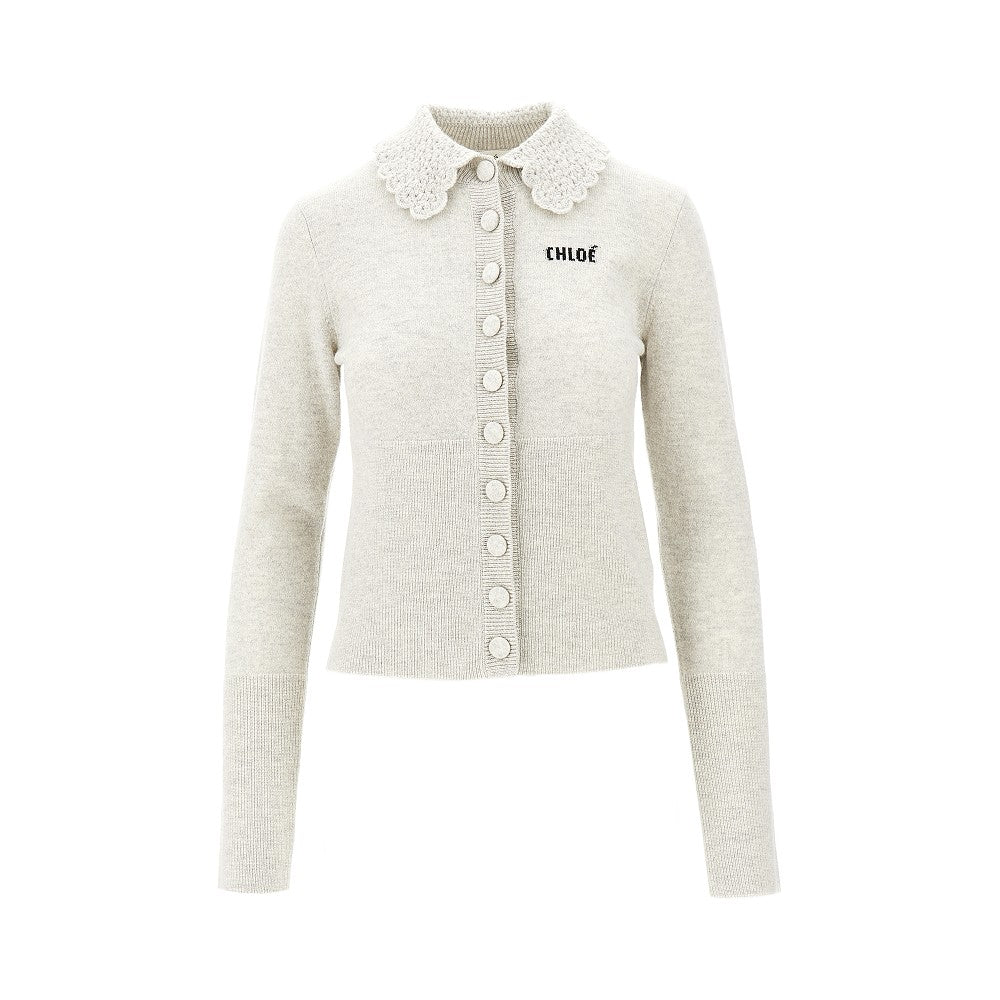 Wool cardigan with guipure collar