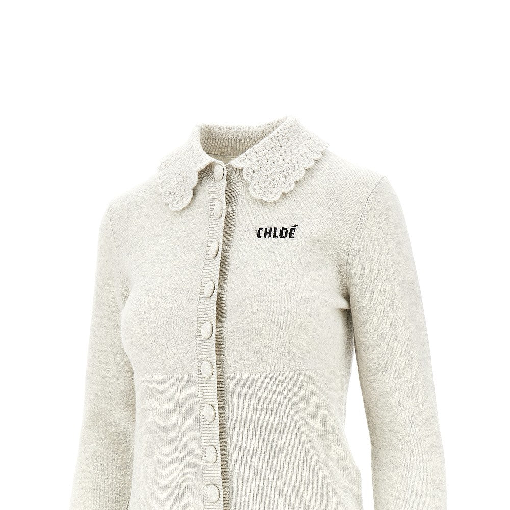 Wool cardigan with guipure collar