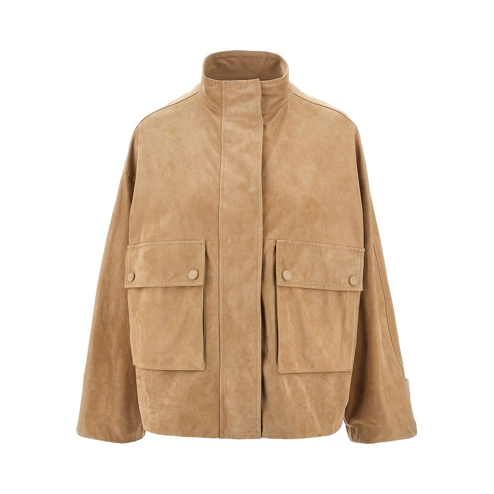 Wet-effect suede leather blouson jacket