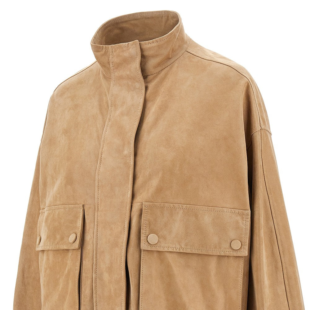Wet-effect suede leather blouson jacket