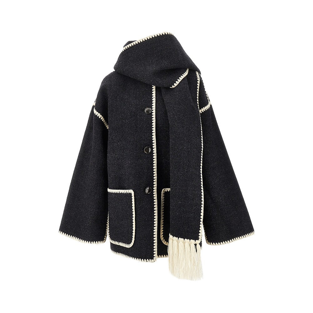 Wool-blend coat with integrated scarf