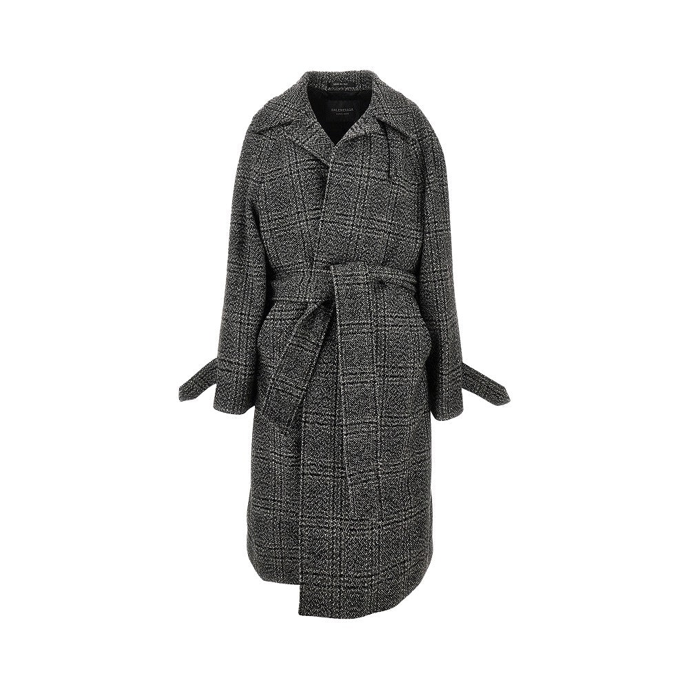 Check wool long coat