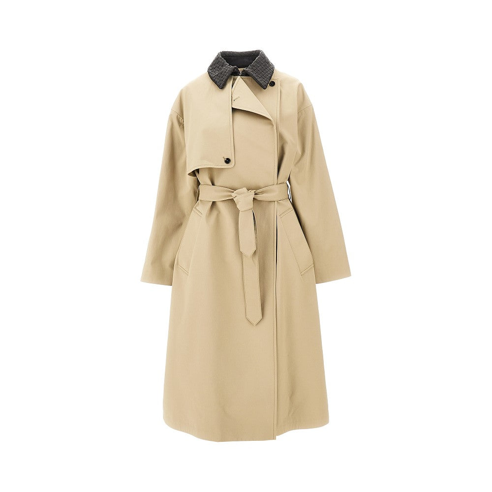 Gabardine trench coat with nappa collar
