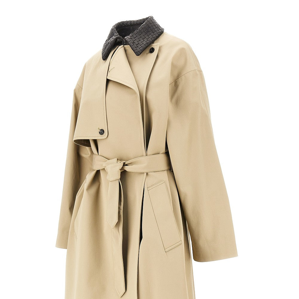 Gabardine trench coat with nappa collar