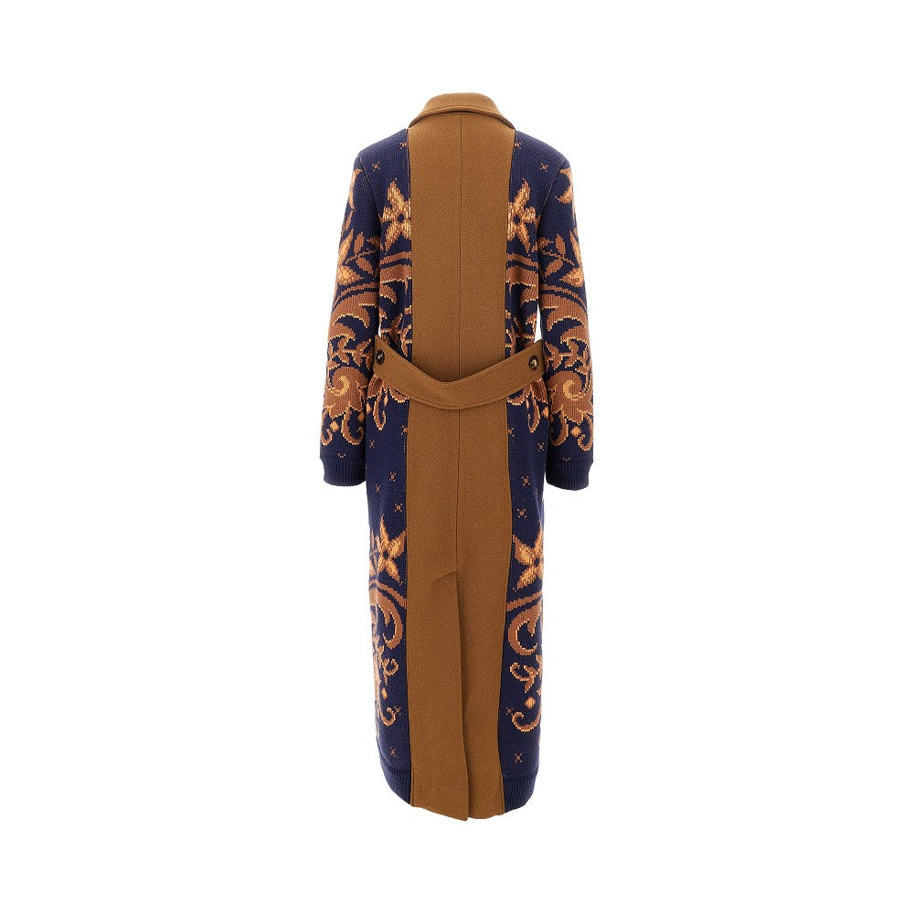 Bi-material double-breasted long coat