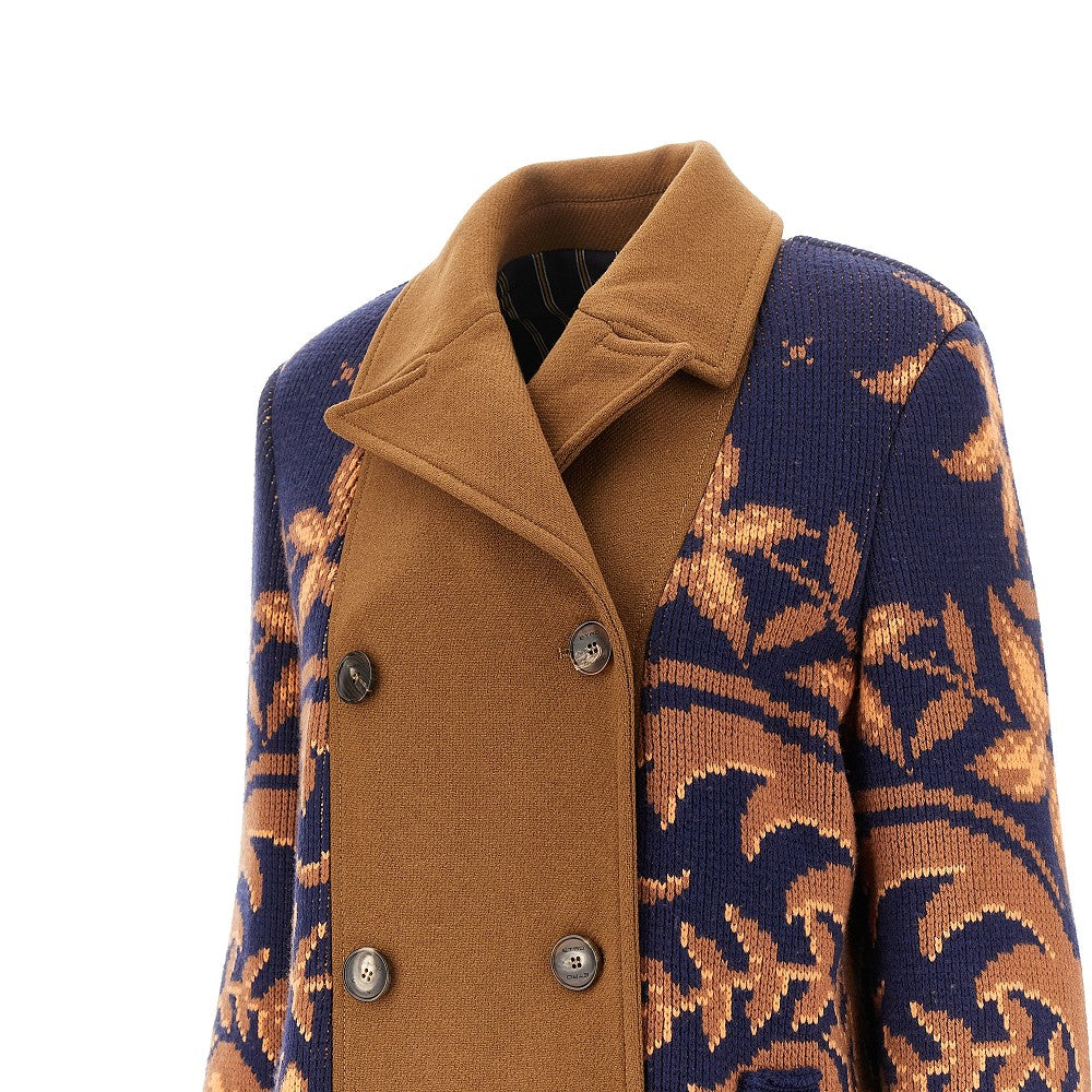 Bi-material double-breasted long coat