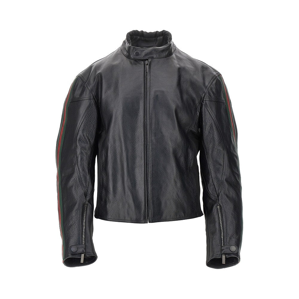 Leather biker jacket with Web details