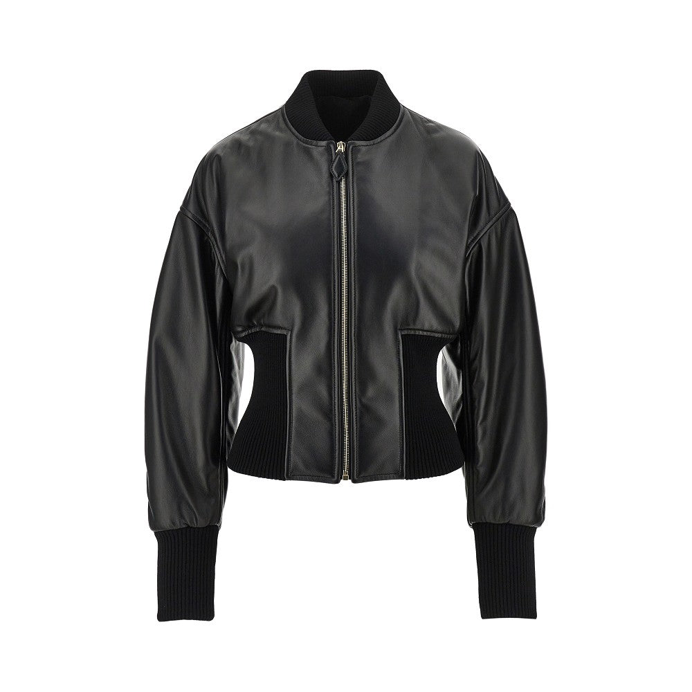 Leather cinched bomber jacket