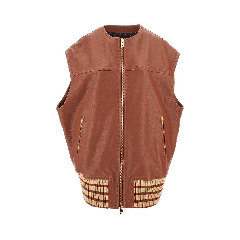 Leather oversized vest with embroidered back
