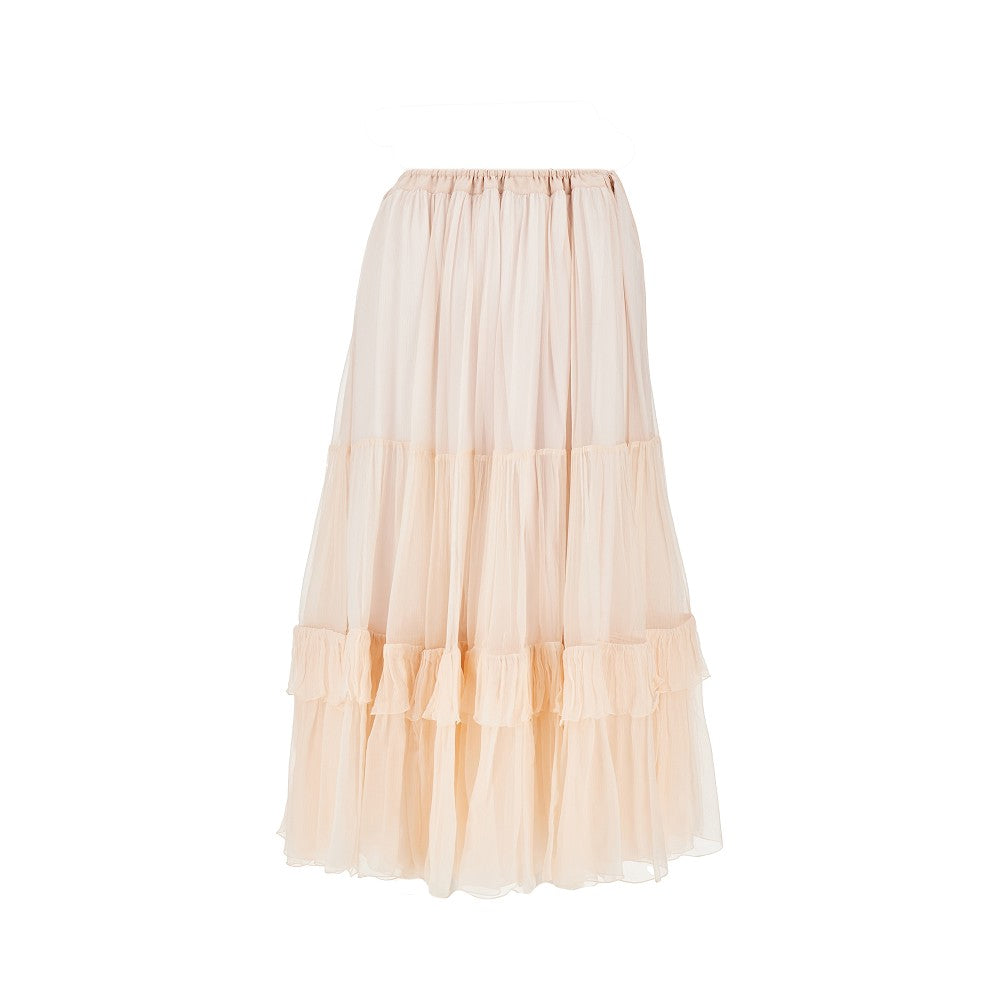 Silk muslin flounced long skirt