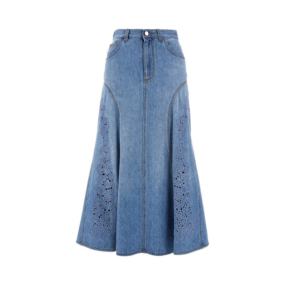 Denim midi skirt with guipure details