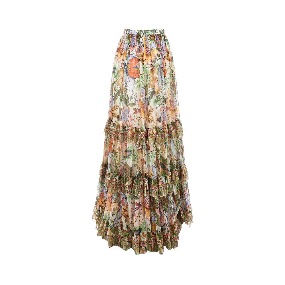 Floral silk long skirt