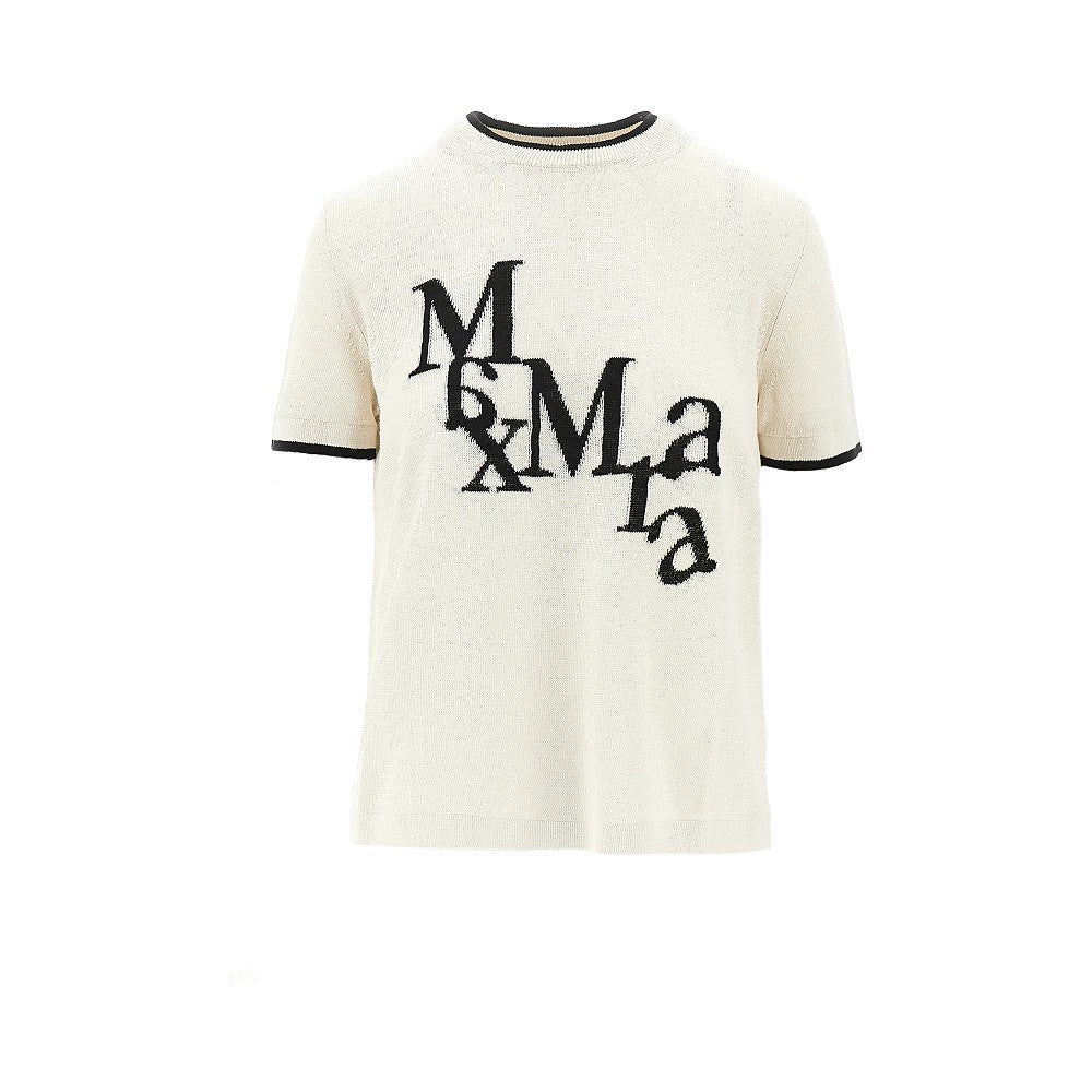 Linen knit T-shirt with logo intarsia